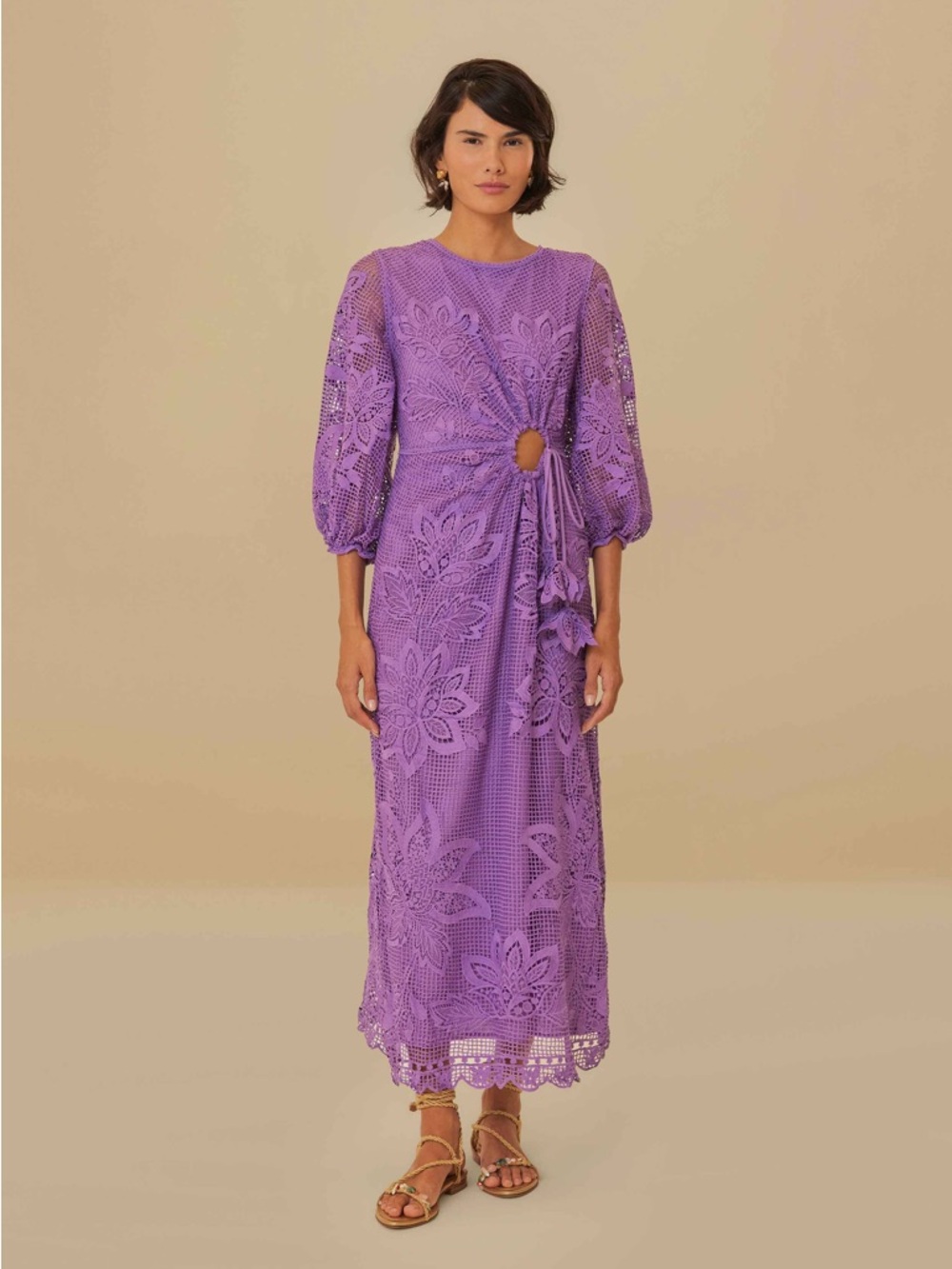 Farm Rio Lilac Purple Guipure Cut-Out Midi Dress